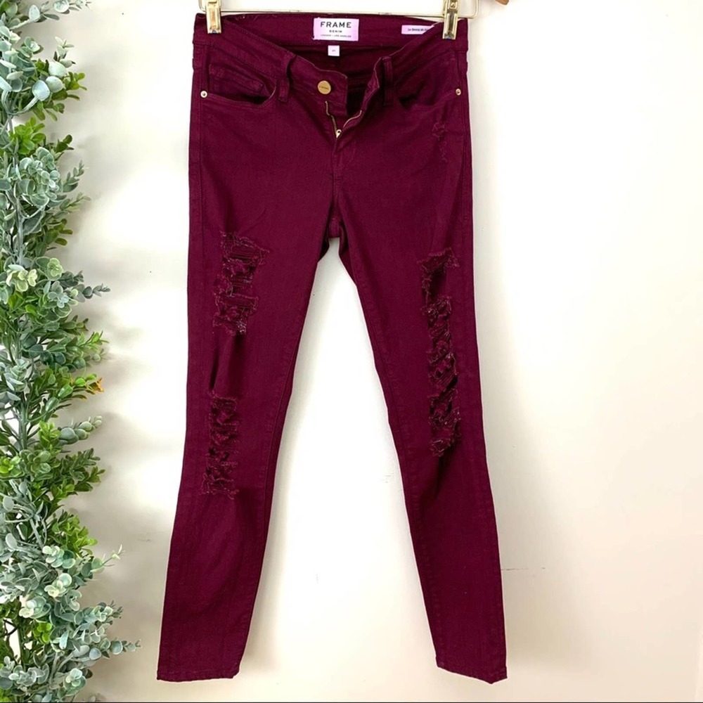 FRAME
Cranberry Rip Skinny Distressed Jeans, wine